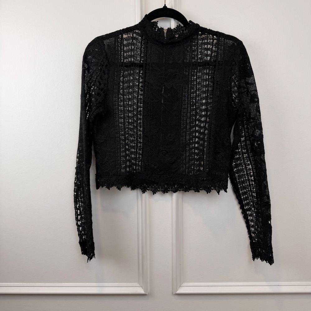 E.S.S.U.E Black Lace Crop Top High Neck Long Sleeve Back Zip Sheer Blouse Medium